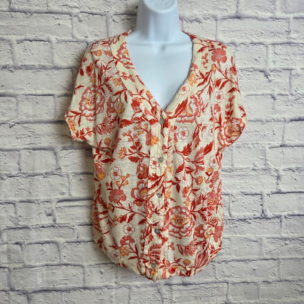 Rachel Zoe Medium Linen Red Orange Floral V Neck Button Up Cap Sleeve Blouse